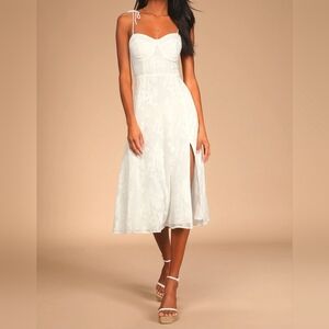 Lulus Loveliest Looks White Floral Jacquard Tie-Strap Midi Dress, Size XL
